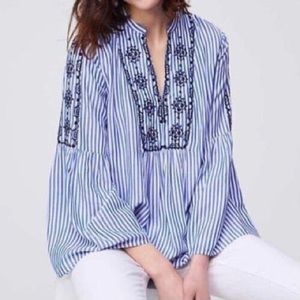 Loft Blouse Womens Size S Blue White Rayon Embroidered Striped Bell Sleeve Top